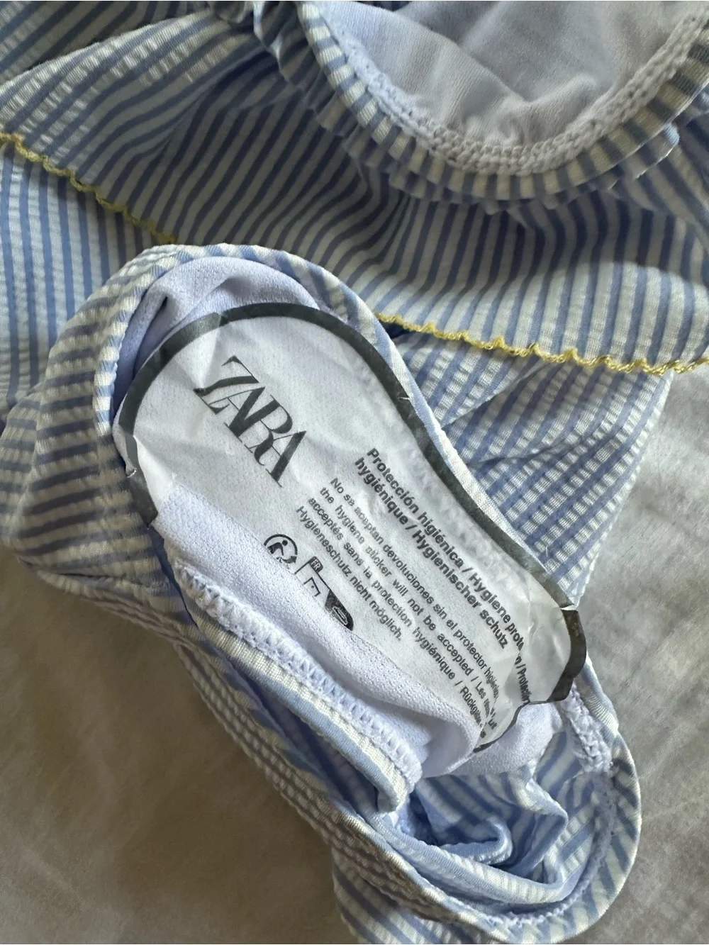 Zara Light Blue & White Striped Ruffle One-Piece Swimsuit with Yellow Trim